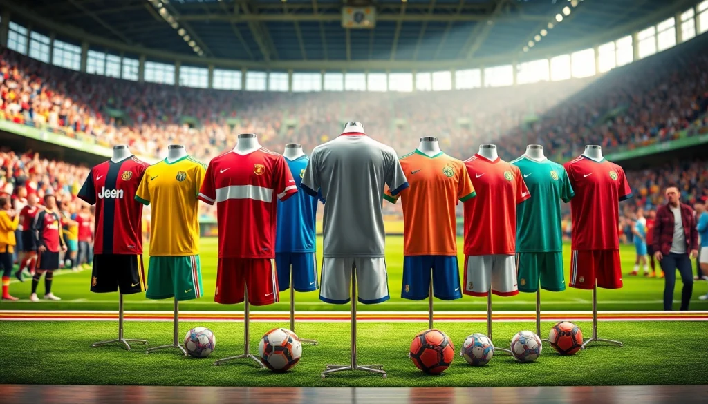 Shop for football kits showcasing vibrant designs and styles in a lively sporting environment.