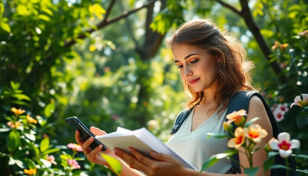 Highlighting sustainable living with a journalist from https://www.unsustainablemagazine.com in a vibrant forest.