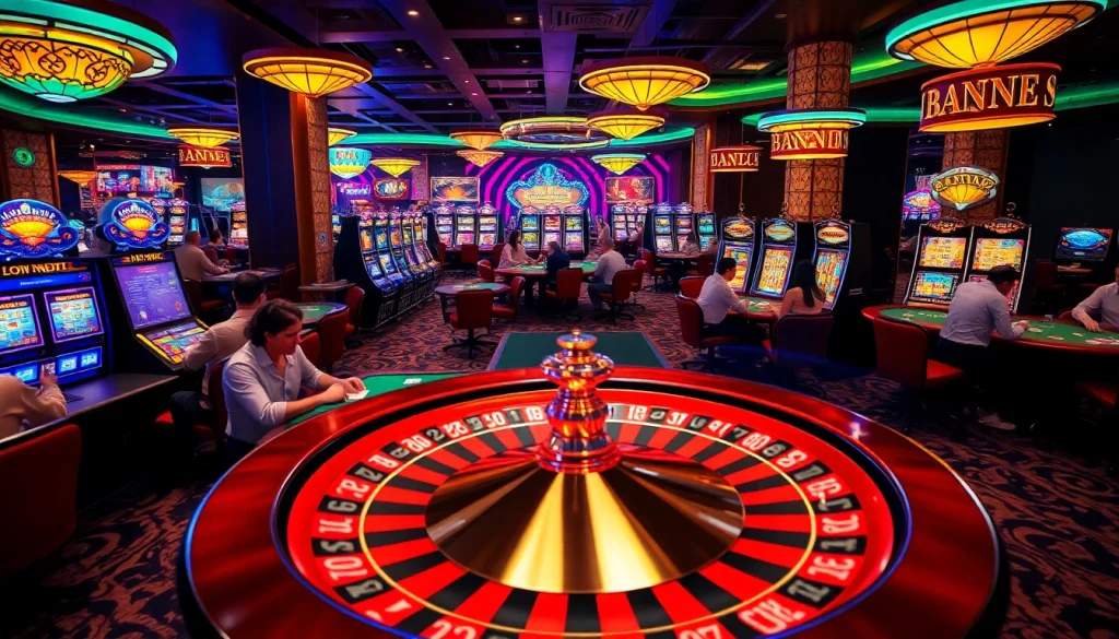 Casino tables, slot machines, and a roulette wheel showcasing KJC AC's thrilling gambling experience.