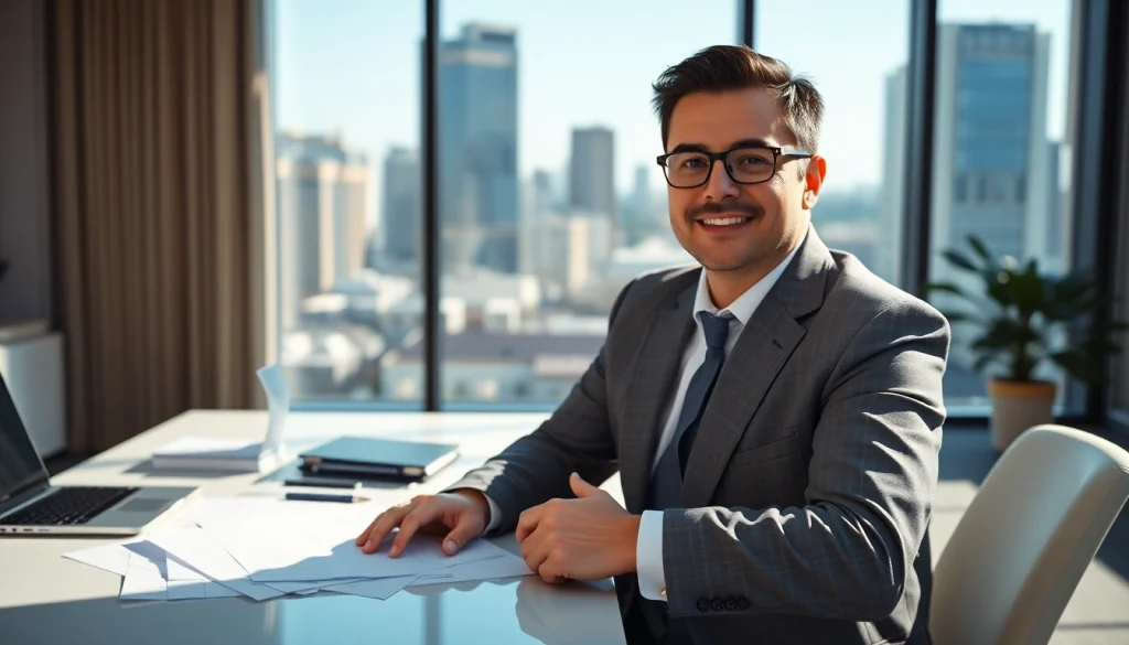 Engaging family law attorney at https://www.buckheadfamilylaw.com, exuding professionalism in a modern office.