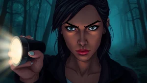 Engaging clean thriller illustration with a strong heroine in a suspenseful forest scene.