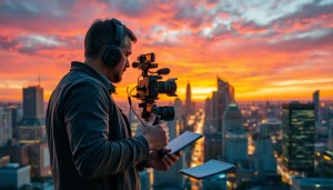 Capture of a journalist at thegeorgiasun documenting local events against a Georgia skyline.