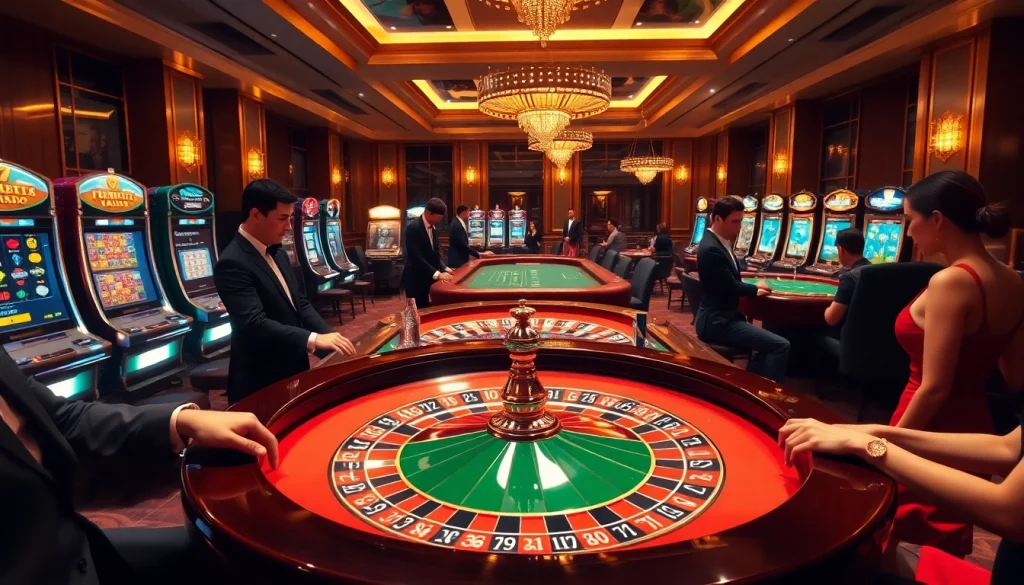 Experience thrilling gameplay at https://79king.party/ with a vibrant casino scene featuring roulette and poker.