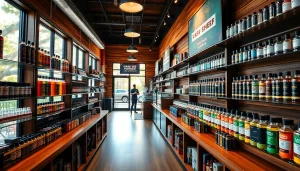 Vape shop showcasing a colorful array of devices and e-liquids in a welcoming atmosphere.