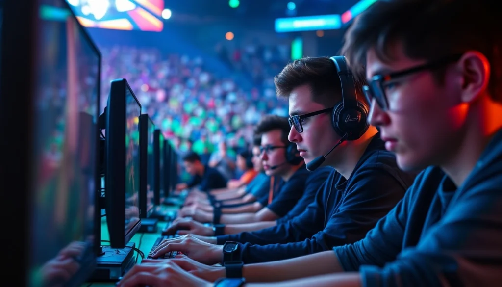 Permainan mawar500 game ditampilkan dalam turnamen dengan gamer profesional yang bersemangat.