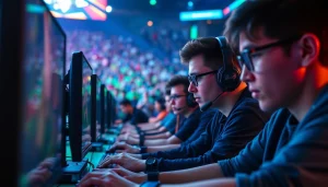 Permainan mawar500 game ditampilkan dalam turnamen dengan gamer profesional yang bersemangat.