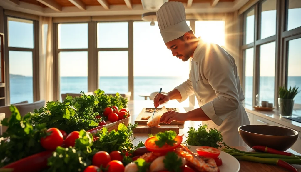 Private chef Sint Maarten showcasing culinary skills while preparing a gourmet dish in a stunning villa.