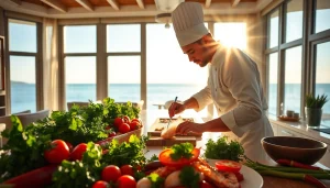 Private chef Sint Maarten showcasing culinary skills while preparing a gourmet dish in a stunning villa.