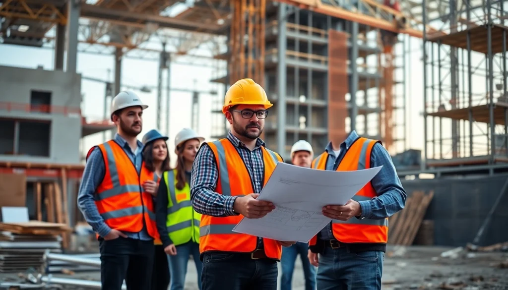 New Jersey Commercial General Contractor overseeing a construction site with a diverse team.
