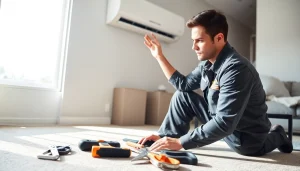 Service technician at https://nobleheatingairservices.com performing maintenance on air conditioning unit.