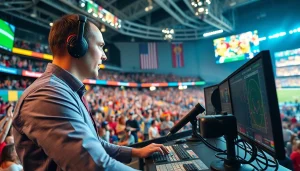 스포츠중계 현장, 생동감 넘치는 스포츠 중계와 선수의 열기가 가득한 장면