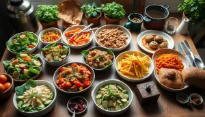 Showcasing vibrant dishes from recipesalexarciab.com, emphasizing healthy, delicious meals on a rustic kitchen table.