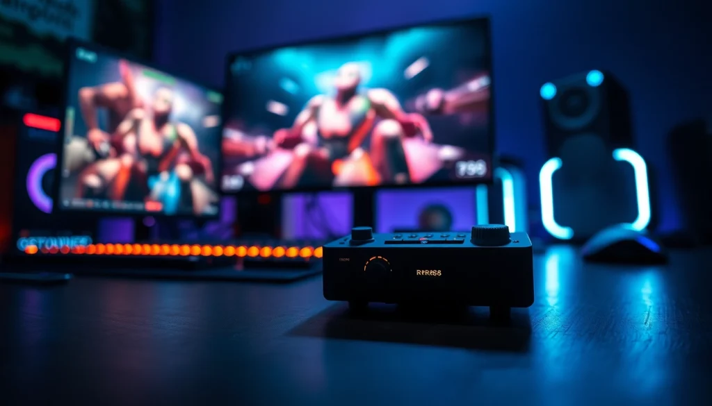 View of the RR88 gaming device in an energetic gaming setup with vibrant colors and dramatic lighting.