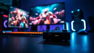 View of the RR88 gaming device in an energetic gaming setup with vibrant colors and dramatic lighting.