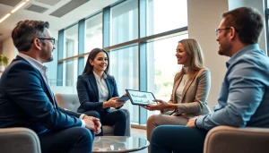 Beratungsgespräch bei https://zukunftkapital.de in modernem Büroraum mit Beratern und Klienten.