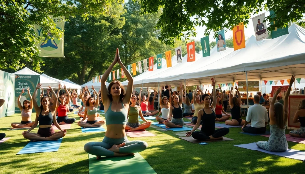 Participants enjoying a vibrant yoga festival with diverse activities and wellness vendors.