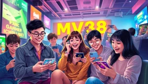 MV88 gaming experience with diverse players enjoying mobile devices and vibrant app interfaces.