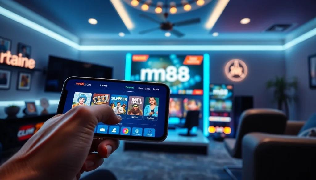 Engaged user exploring mm88.com on a mobile device within a stylish gaming environment.