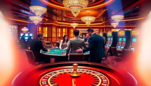 C168.DESIGN portrays players engaging in high-stakes poker at a vibrant casino table, emphasizing excitement.