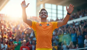 Rayakan kesuksesan sayaptogel dengan atlet di podium dikelilingi penggemar.