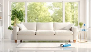 Expert sofa cleaning Dubai showcasing a spotless sofa in a bright living room environment.