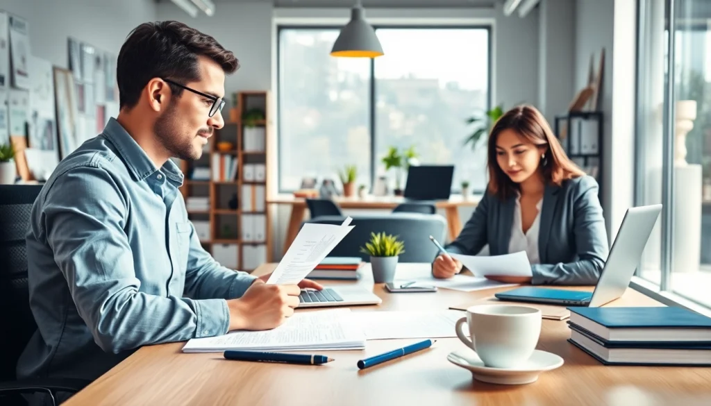 Review translation services at https://www.elitetranslingo.com with a professional working in a modern office.