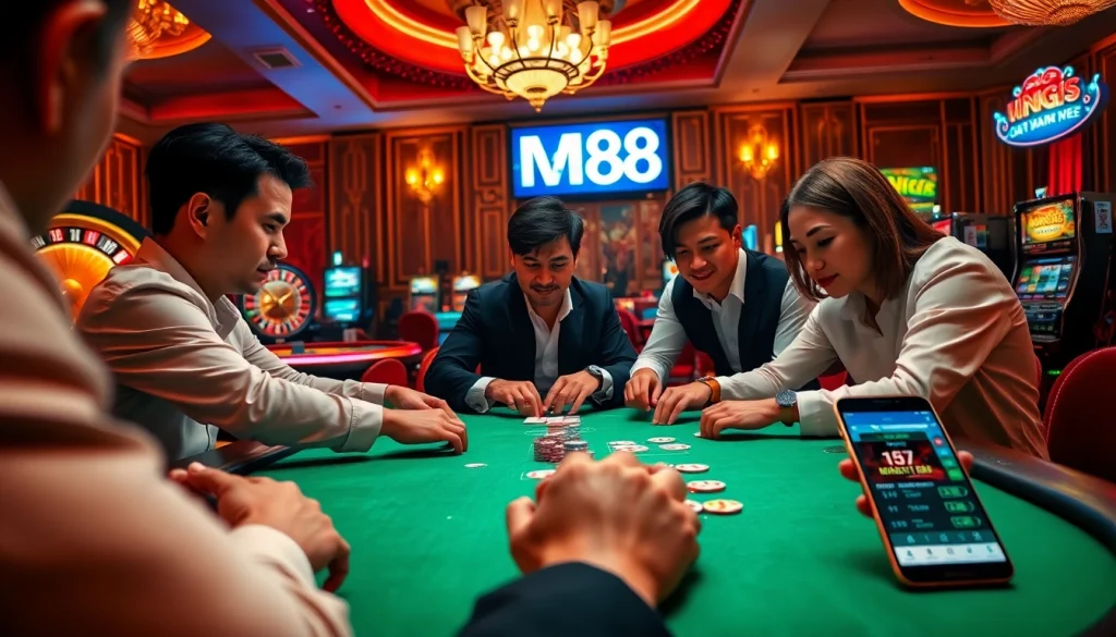 Witness the excitement at Nhà cái MM88 as players enjoy blackjack and spin the roulette wheel in a luxurious casino.
