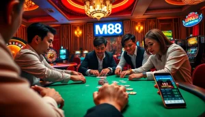 Witness the excitement at Nhà cái MM88 as players enjoy blackjack and spin the roulette wheel in a luxurious casino.