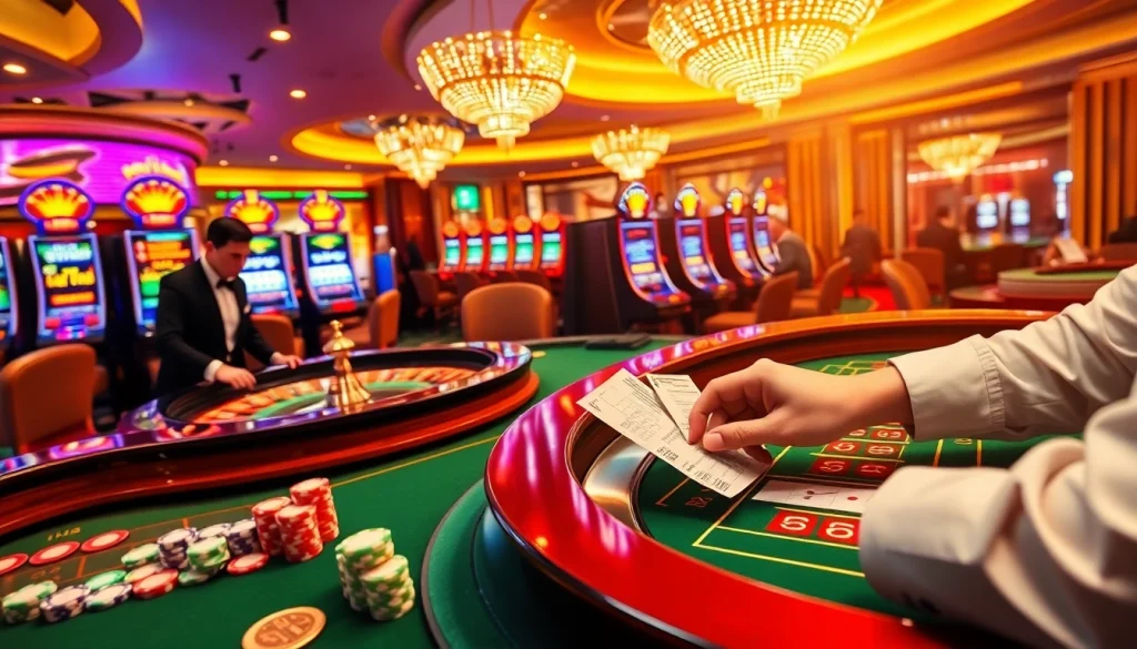 Exciting casino scene featuring MM88 tables, vibrant poker chips, and lively gambling atmosphere.