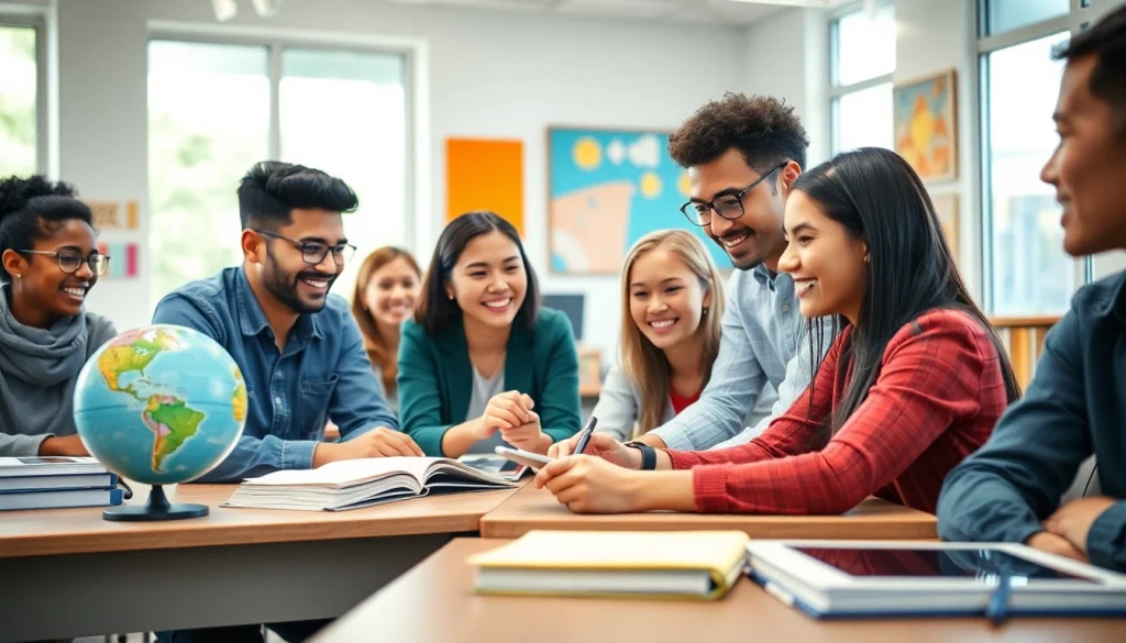 Students engage in collaborative learning in a bright classroom filled with educational resources, highlighting Education.
