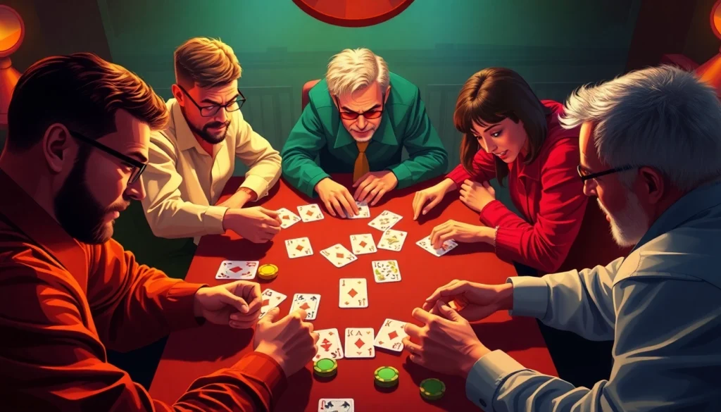 Rummy nabob players enjoying an exciting game, showcasing vibrant cards and intense focus.