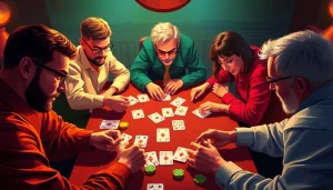 Rummy nabob players enjoying an exciting game, showcasing vibrant cards and intense focus.