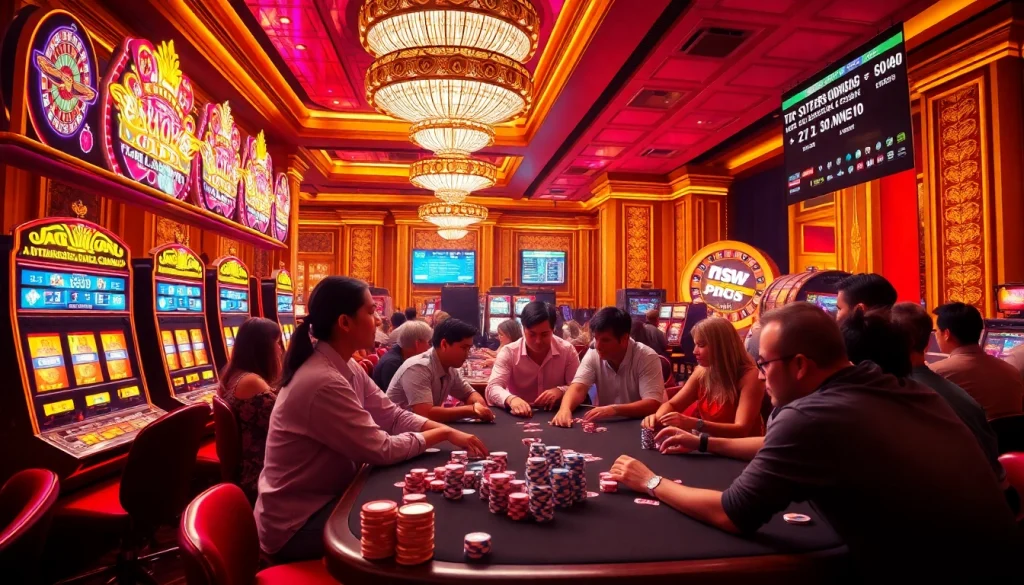 Experience the thrill of gambling at XX88 with players enjoying poker and vibrant slot machines.