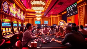 Experience the thrill of gambling at XX88 with players enjoying poker and vibrant slot machines.