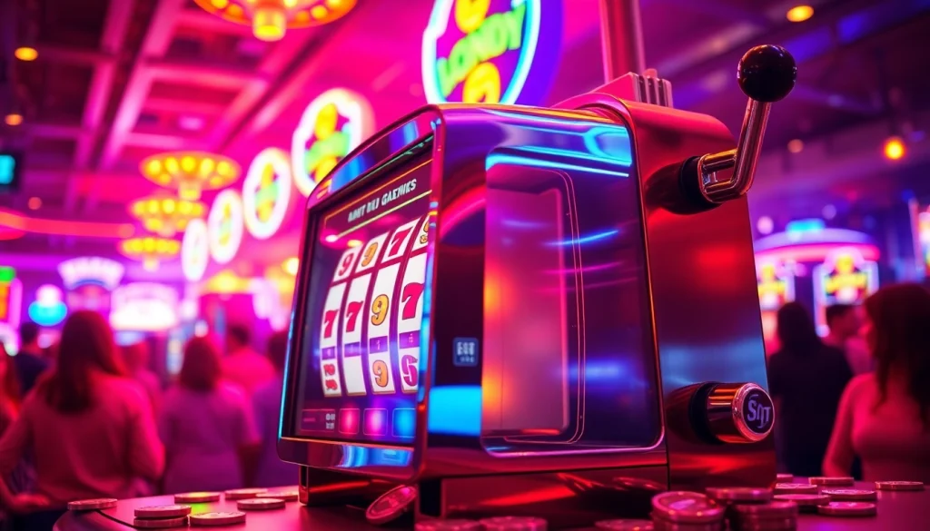 Mainkan slot dengan mesin berwarna cerah yang berderet di kasino yang ramai.