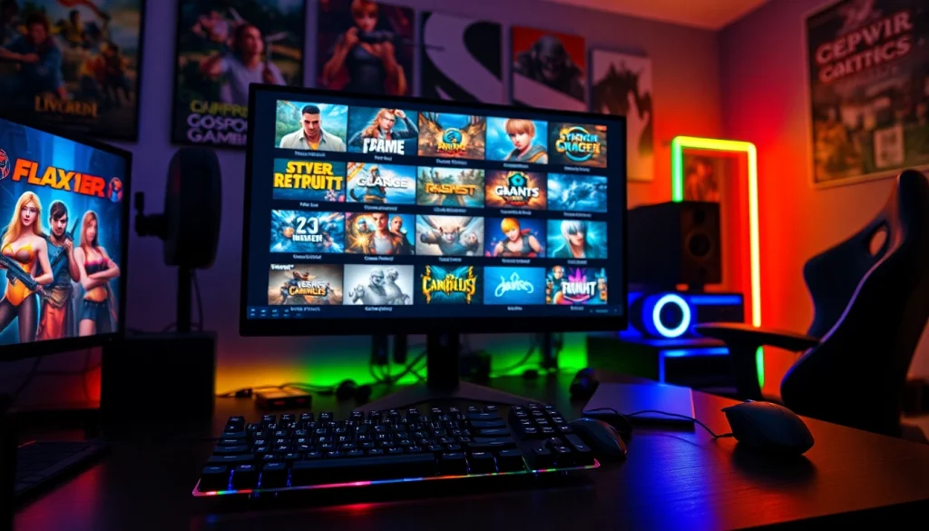 Mengamati daftar ggsoft game dengan setup gaming modern yang atraktif dan penuh warna.