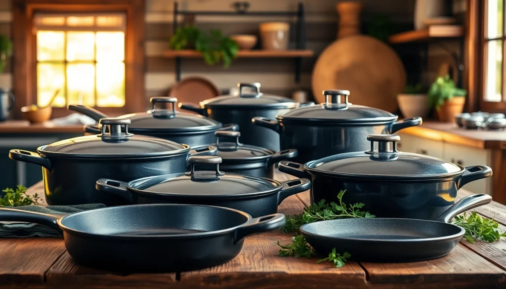 Showcase of cast iron cookware NZ highlighting various pans and skillets in a rustic kitchen setting.