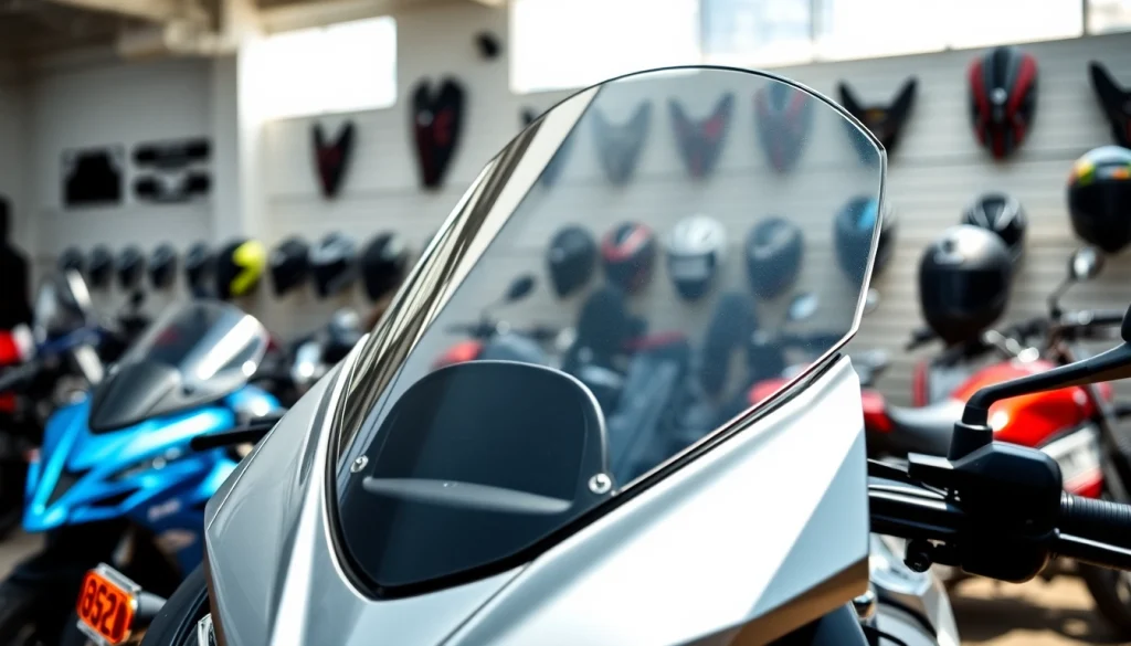 Showcase of a windshield motorcycle in a showroom, highlighting design and safety features.