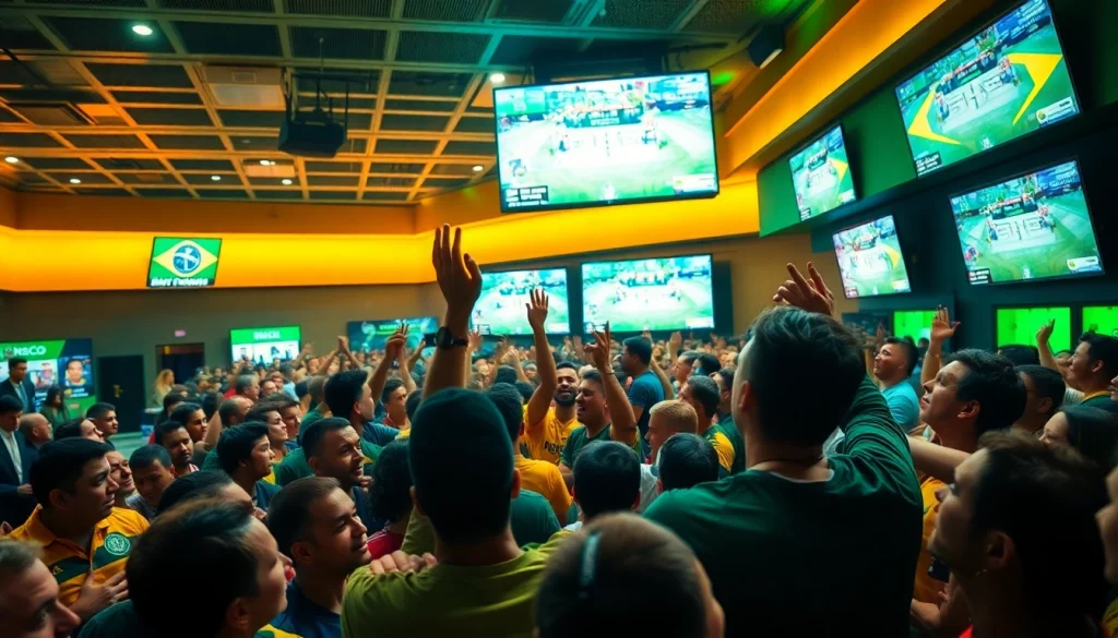 Experience the thrill of the best sportsbooks in Brazil with fans celebrating a big win in a vibrant setting.