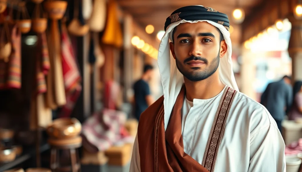 Discover the elegance of Omani thobes showcased on a well-dressed model in a traditional setting.