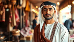 Discover the elegance of Omani thobes showcased on a well-dressed model in a traditional setting.
