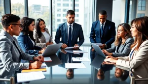 Engaging legal team brainstorming at https://www.ihavealawsuit.com in a bright, modern office.