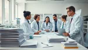 Researchers collaborating on the ADAPTABLE Aspirin Study in a clinical lab setting.