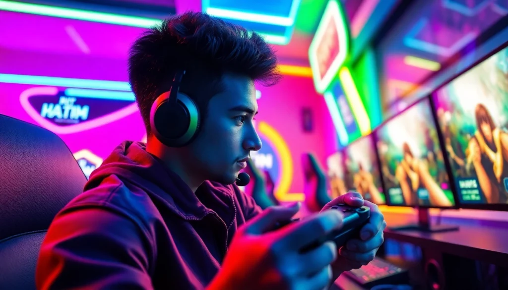 Menampilkan aksi pemain saat memainkan hakim4d game dengan latar ruang permainan berteknologi tinggi.