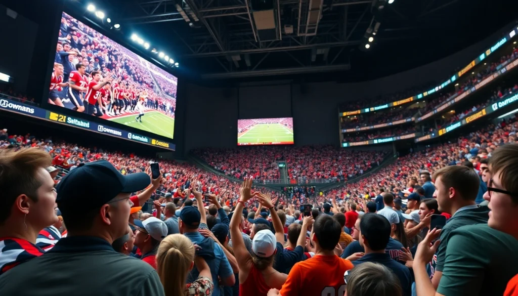스포츠중계에 열광하는 팬들이 있는 경기장 풍경