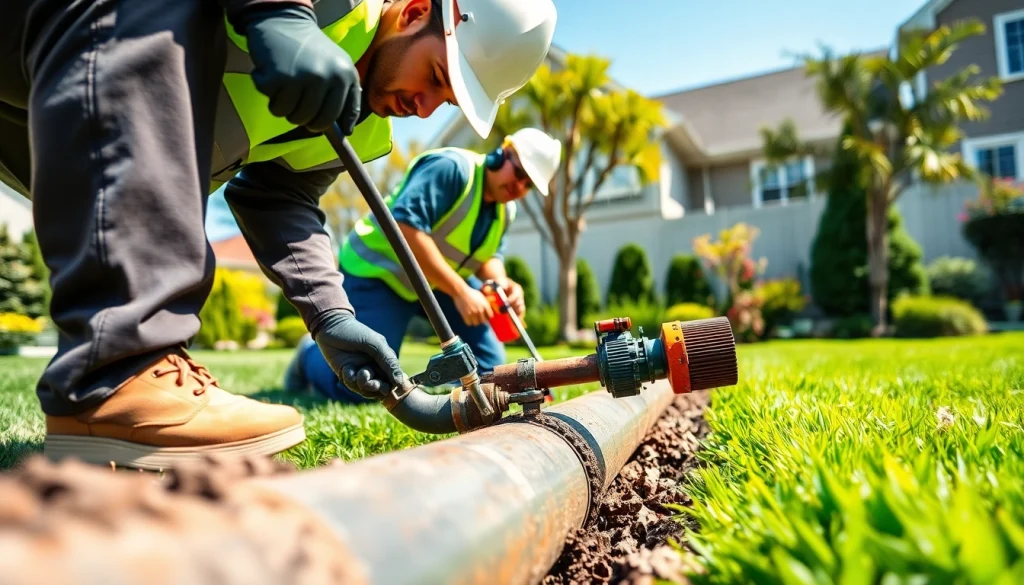 Sewer repair Durham with professional technician in a backyard, showcasing skilled pipe work and safety measures.