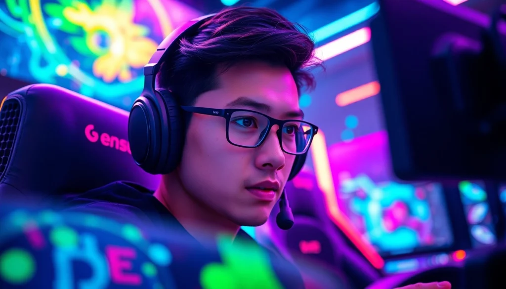 Gamer memainkan bensu4d game dengan fokus tinggi di lingkungan futuristik dan berwarna cerah.