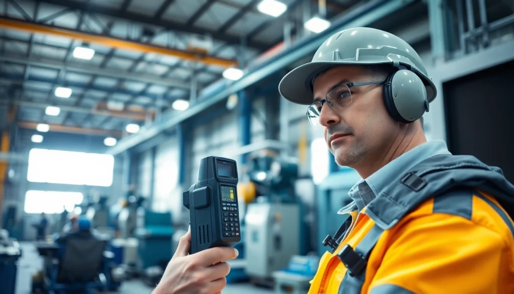 Capture noise assessment survey in an industrial facility with sound engineer measuring levels.