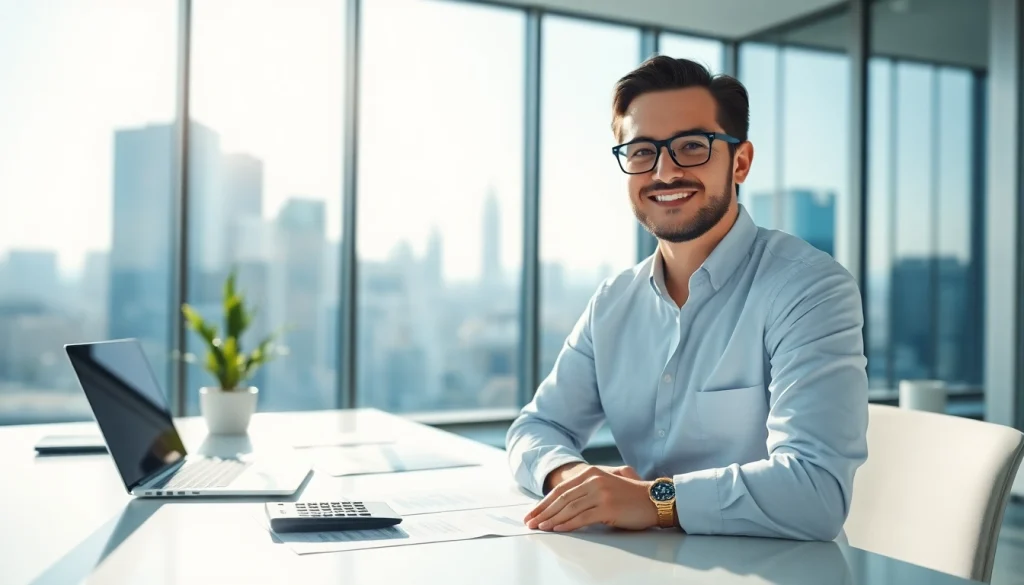 Fractional CFO firm showcasing a professional in a modern office surrounded by financial documents and technology.