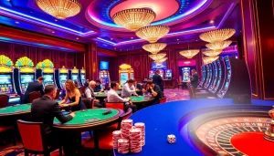 KJC AC 1 - Exciting casino scene with players at various tables enjoying blackjack, poker, and roulette games, embodying the essence of thrill in gambling.